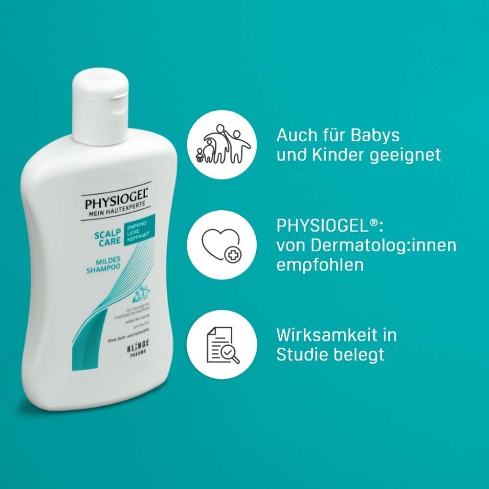 Flasche PHYSIOGEL Scalp Care Mildes Shampoo mit Icons. Text: Auch für Babys und Kinder geeignet, von Dermatologen empfohlen.