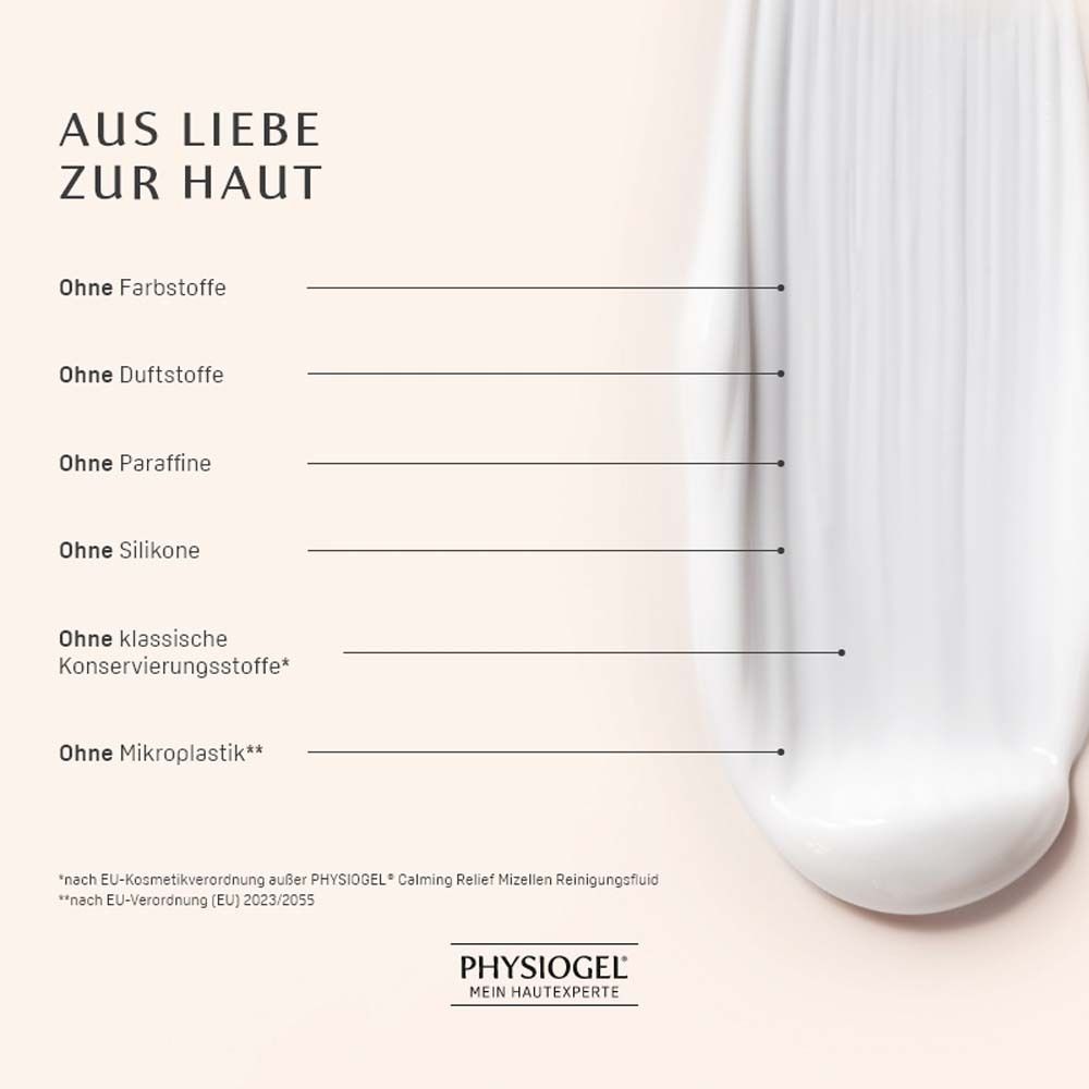 Nahaufnahme einer Creme. Text: Ohne Farbstoffe, ohne Duftstoffe, ohne Paraffine, ohne Silikone, ohne Mikroplastik.