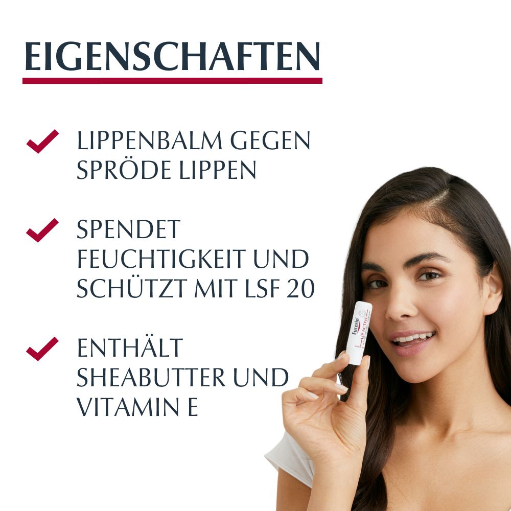Frau hält Eucerin® Lip Active. Text: Lippenbalsam gegen spröde Lippen, spendet Feuchtigkeit, LSF 20, Sheabutter, Vitamin E.