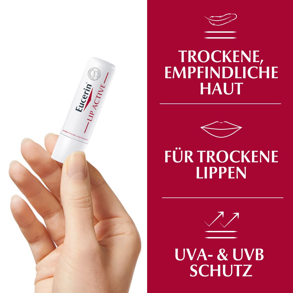 Hand hält Eucerin® Lip Active. Text: Für trockene Lippen, UVA- & UVB-Schutz.