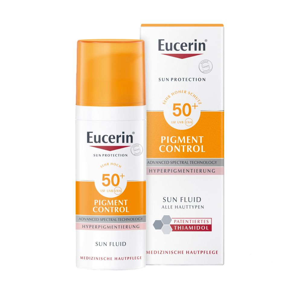 Eucerin® Sun Fluid Pigment Control 50+ und Verpackung.