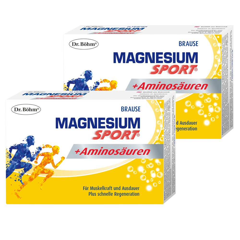 Deux boîtes de Dr. Böhm® Magnesium Sport® + Aminosäuren. Emballage jaune avec illustrations d'athlètes bleus et oranges.