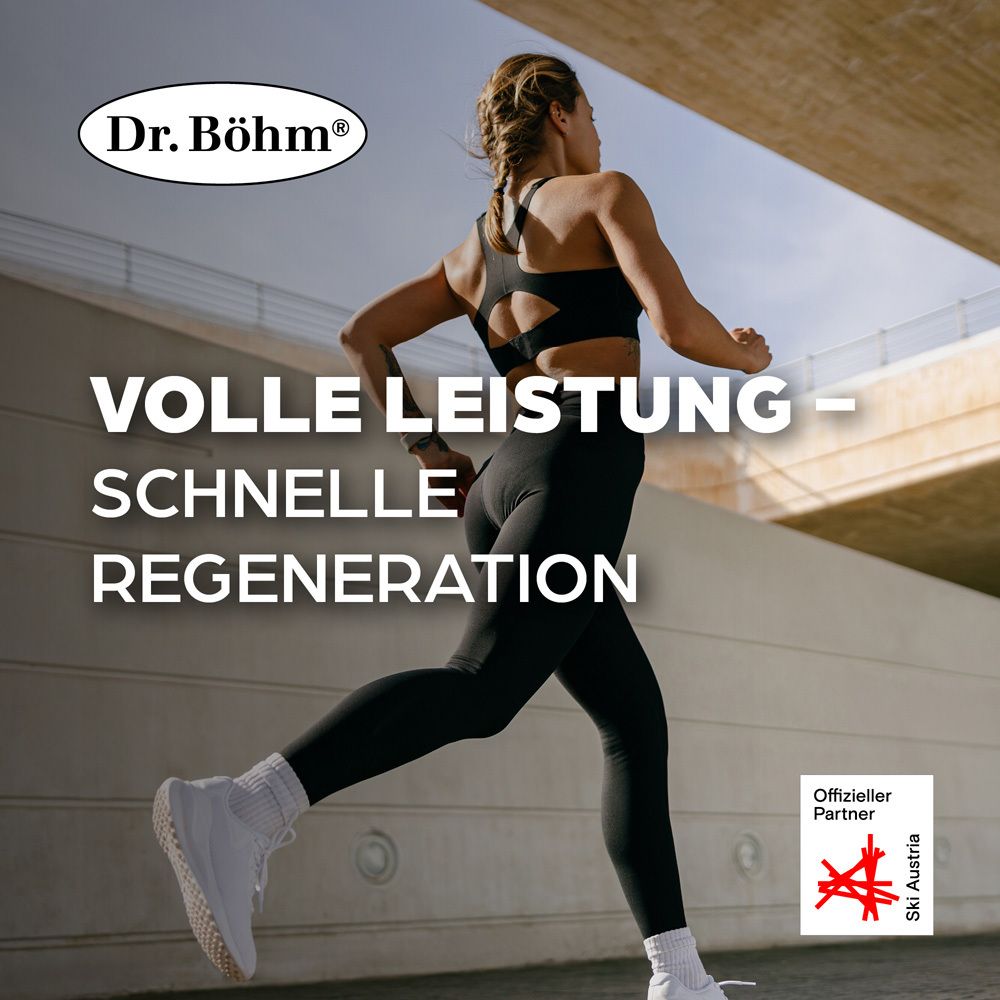 Coureuse en tenue de sport. Texte : Pleine performance - Régénération rapide. Logo : Dr. Böhm®. Partenaire officiel Ski Austria.