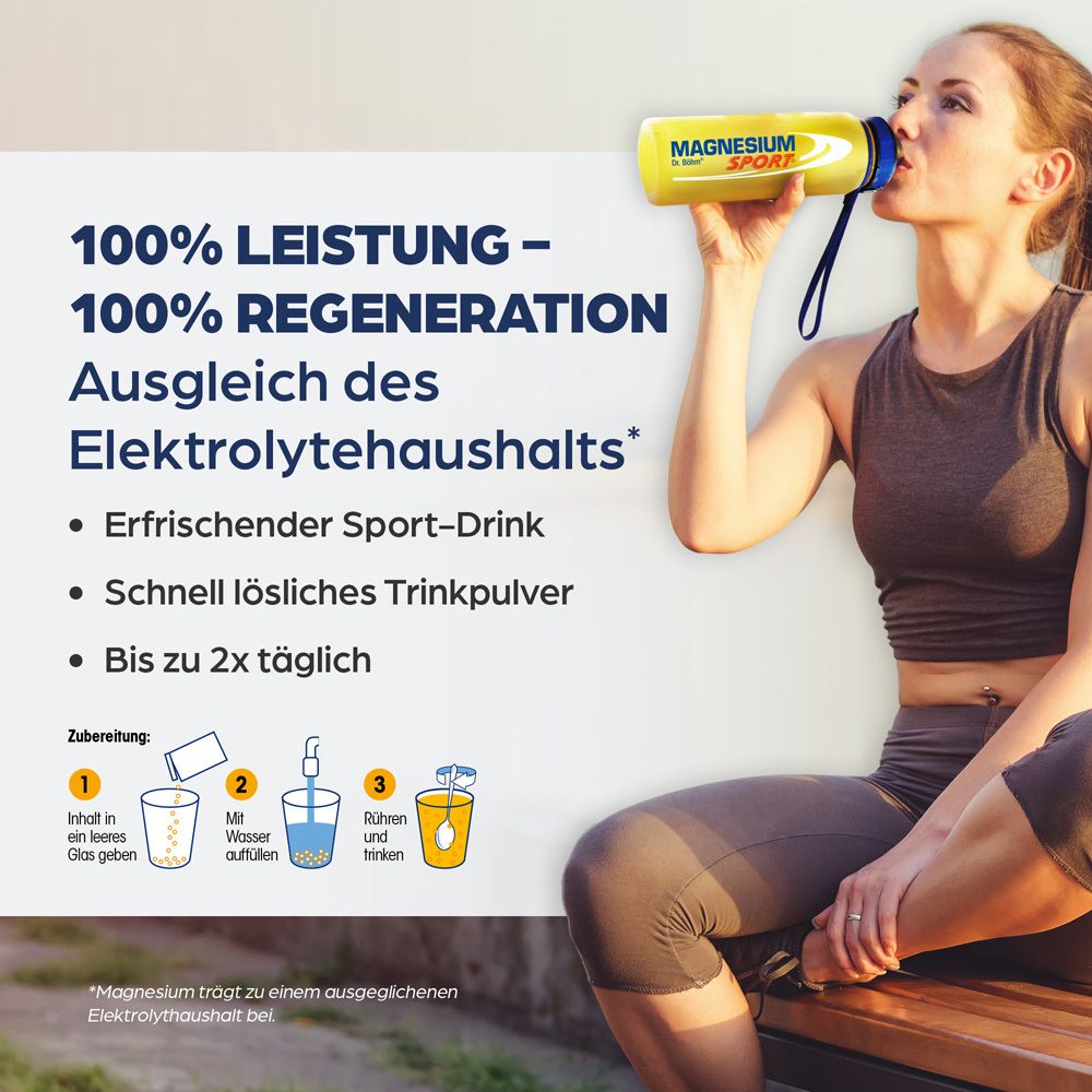 Femme buvant une boisson sportive d'une bouteille jaune. Texte : 100% performance - 100% régénération. Équilibre électrolytique.