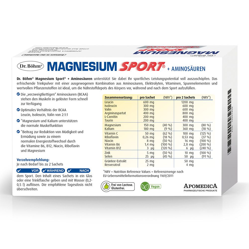 Dos de l'emballage Dr. Böhm® Magnesium Sport® + Aminosäuren. Tableau nutritionnel, ingrédients, instructions d'utilisation.