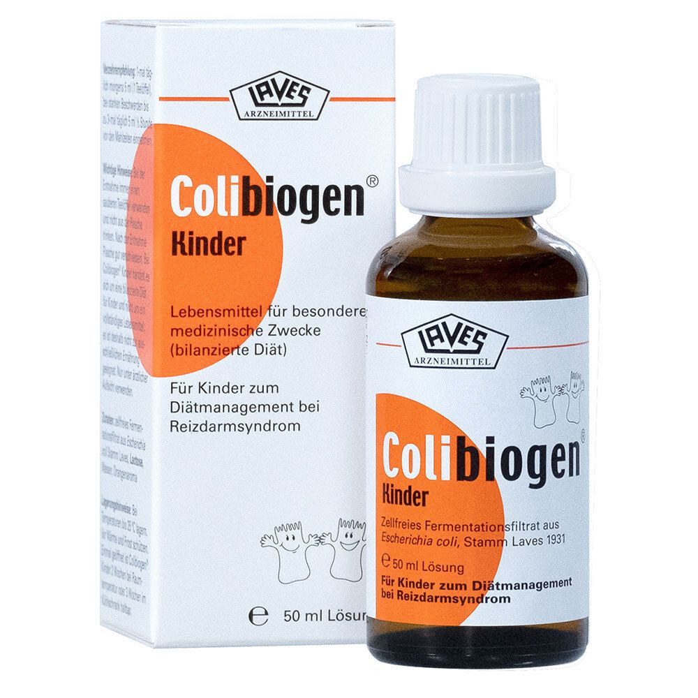 Braune Glasflasche und Karton mit Aufschrift Colibiogen Kinder. Enthält 50 ml Lösung. Für Kinder zur Diät bei Reizdarmsyndrom.