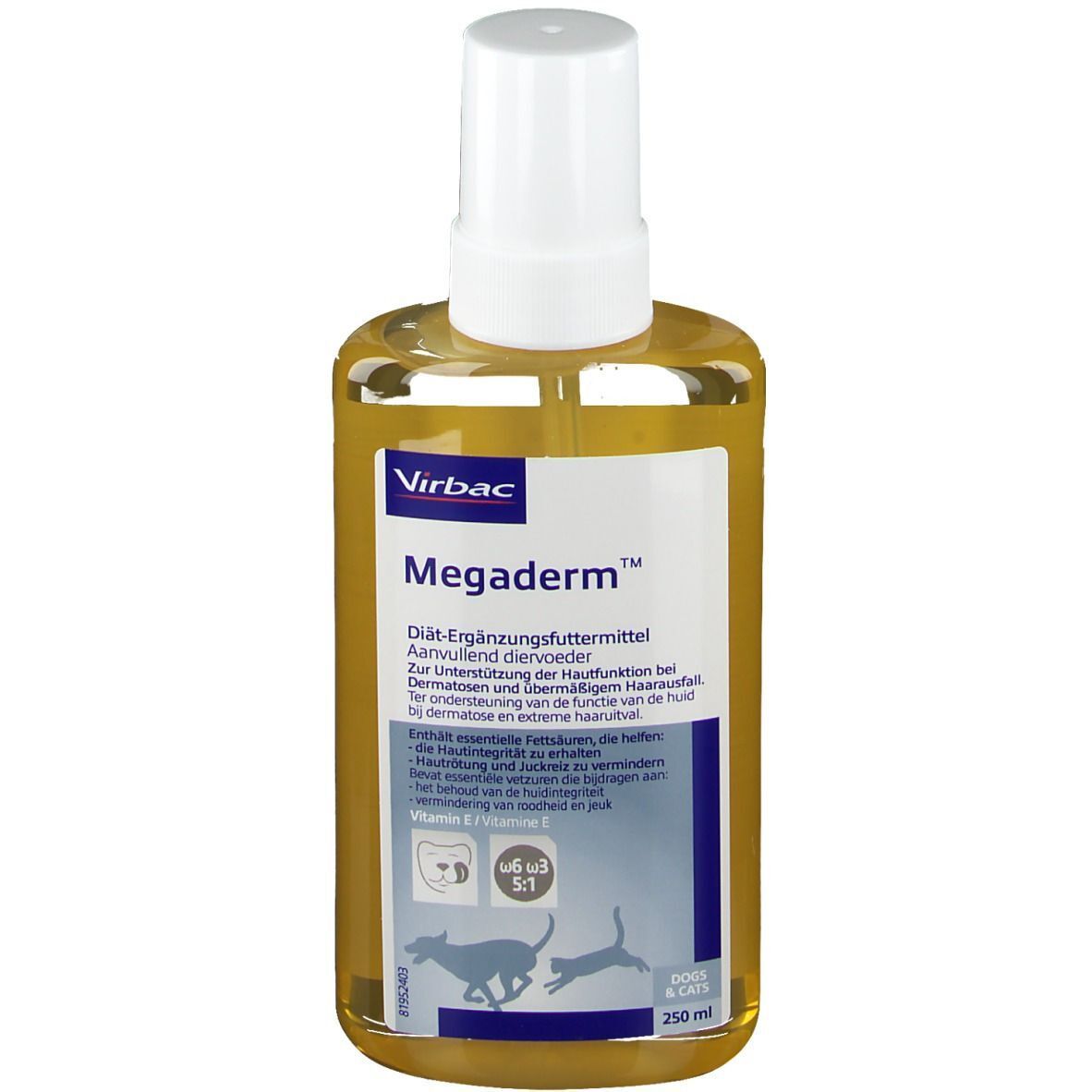 Flacon de Virbac Megaderm, complément alimentaire. Inscription : Pour soutenir la fonction cutanée en cas de dermatoses. Contient 250 ml.