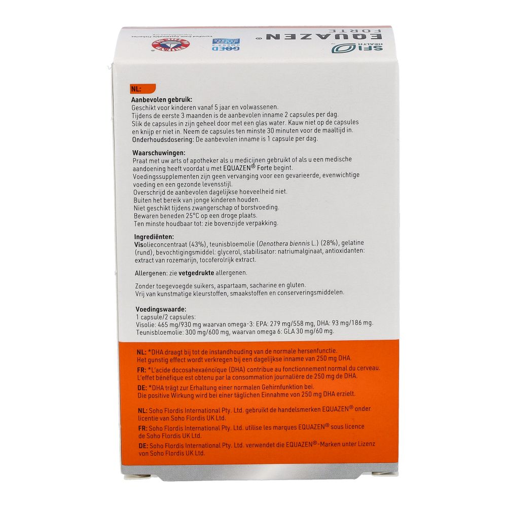 Boîte EQUAZEN® FORTE, verso avec instructions d'utilisation et ingrédients en néerlandais.