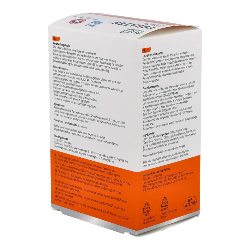 Boîte EQUAZEN® FORTE, vue latérale avec instructions d'utilisation et ingrédients en français.