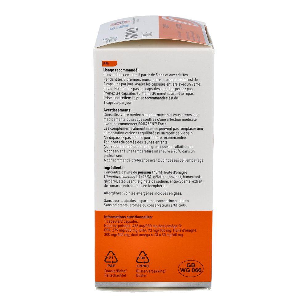 Boîte EQUAZEN® FORTE, verso avec instructions d'utilisation et ingrédients en français.