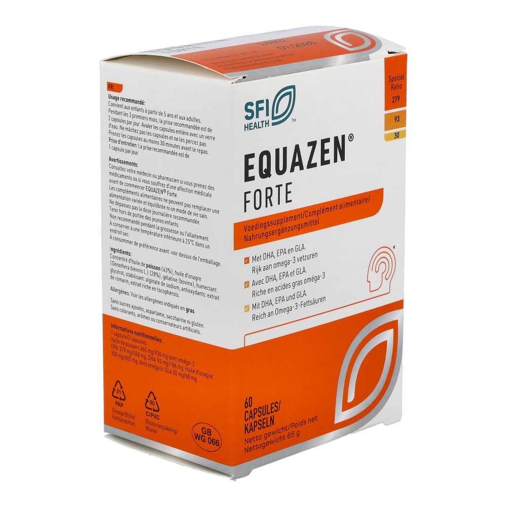 Boîte EQUAZEN® FORTE, vue avant et latérale avec informations produit.
