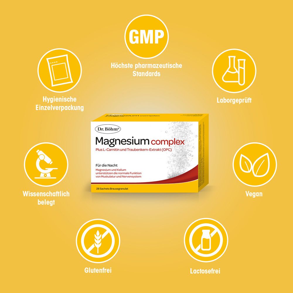 Emballage jaune Dr. Böhm® Magnesium complex. Entouré de logos : GMP, testé en laboratoire, végétalien, sans gluten, sans lactose.