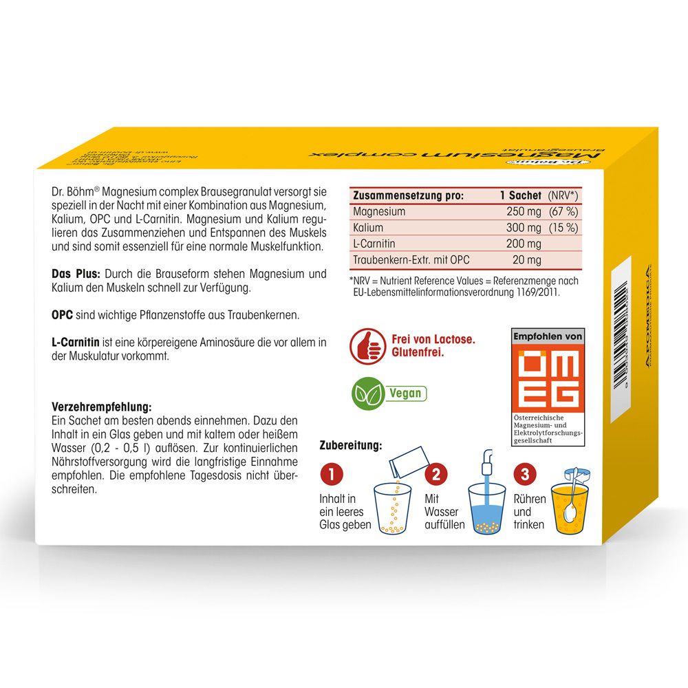 Dos de l'emballage Dr. Böhm® Magnesium complex. Contient des ingrédients, une préparation et des informations nutritionnelles.