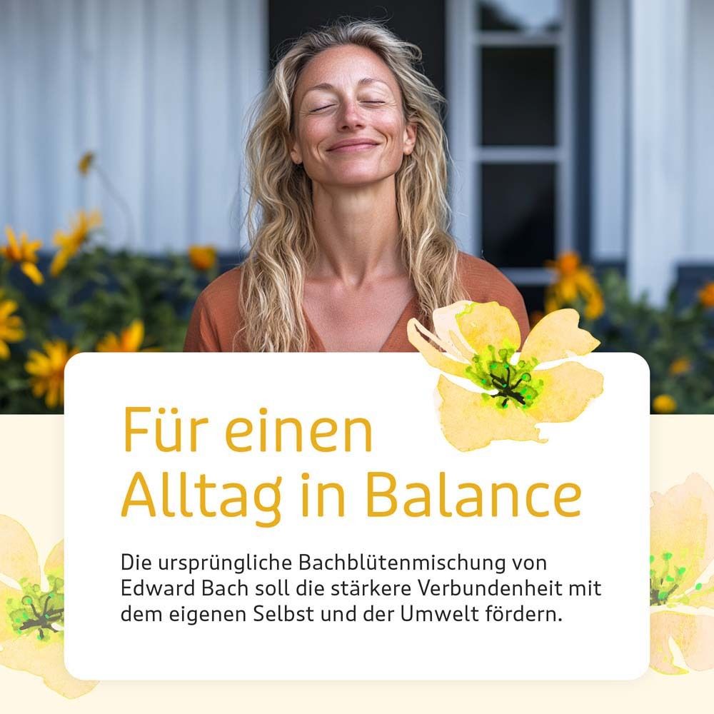 Frau mit geschlossenen Augen vor Haus. Text: Für einen Alltag in Balance. Gelbe Blumen Illustrationen.
