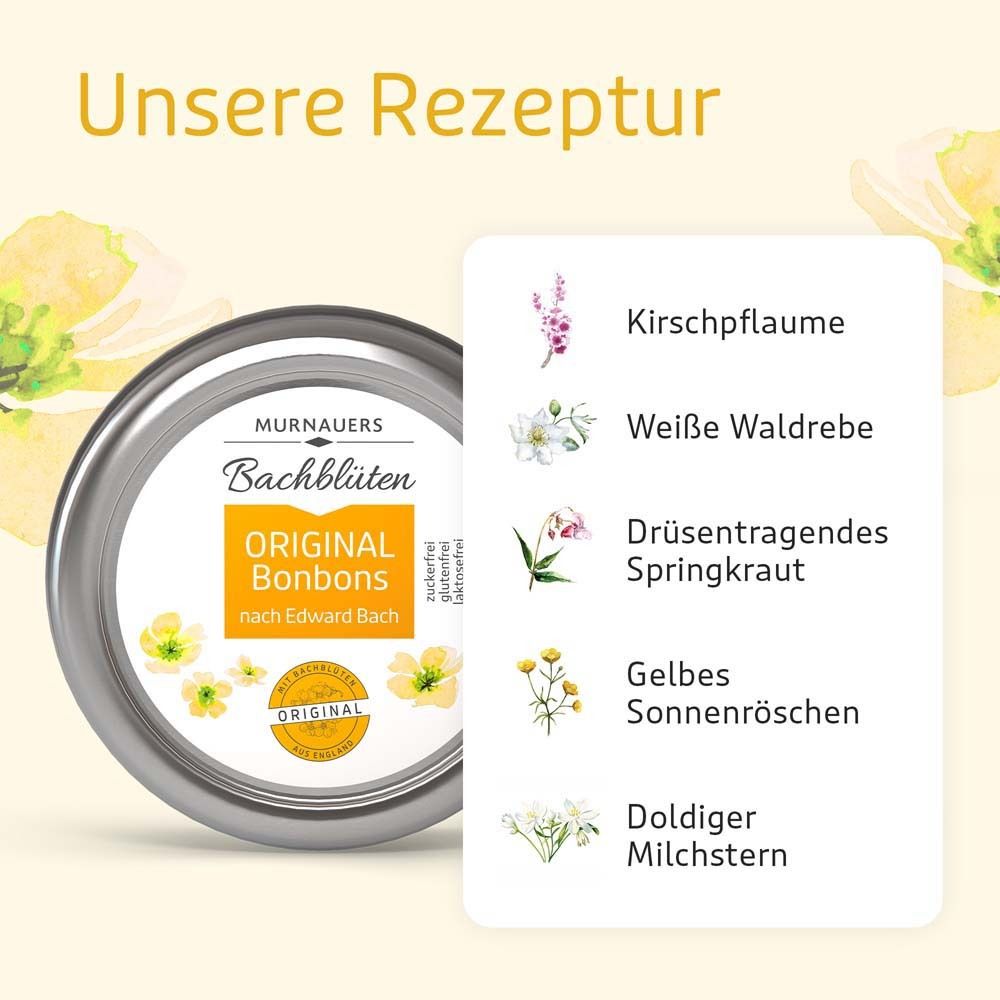 Runde Metalldose mit Etikett. Text: MURNAUERS Bachblüten Original Bonbons. Liste von Blütennamen.