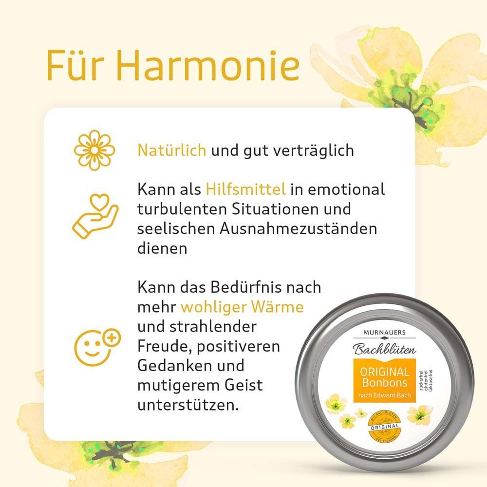 Runde Metalldose mit Etikett. Text: MURNAUERS Bachblüten Original Bonbons. Text: Für Harmonie. Illustrationen.