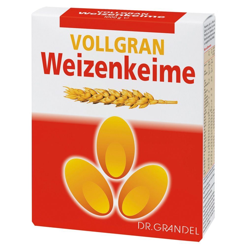 Boîte de VOLLGRAN Weizenkeime. Emballage rouge et blanc avec nom du produit et illustrations d'épis de blé et de grains. Marque : Dr. Grandel.