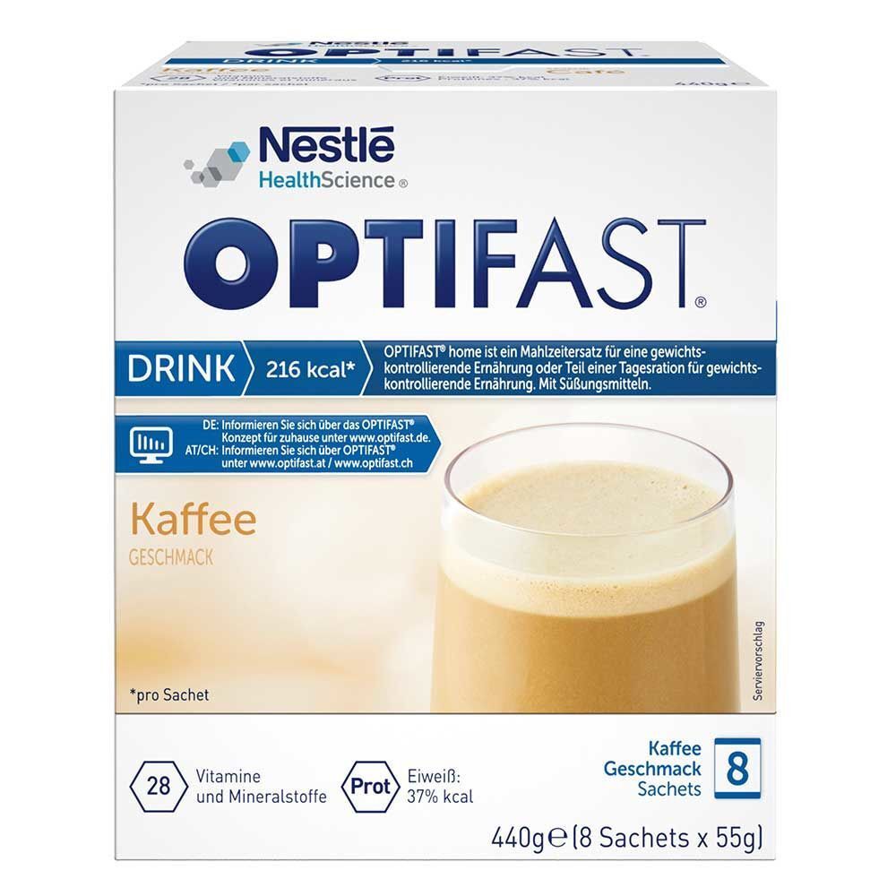 OPTIFAST Drink Kaffee-Geschmack. Weiße Verpackung mit Logo und Produktbezeichnung. Glas mit Getränk. Enthält 8 Sachets.
