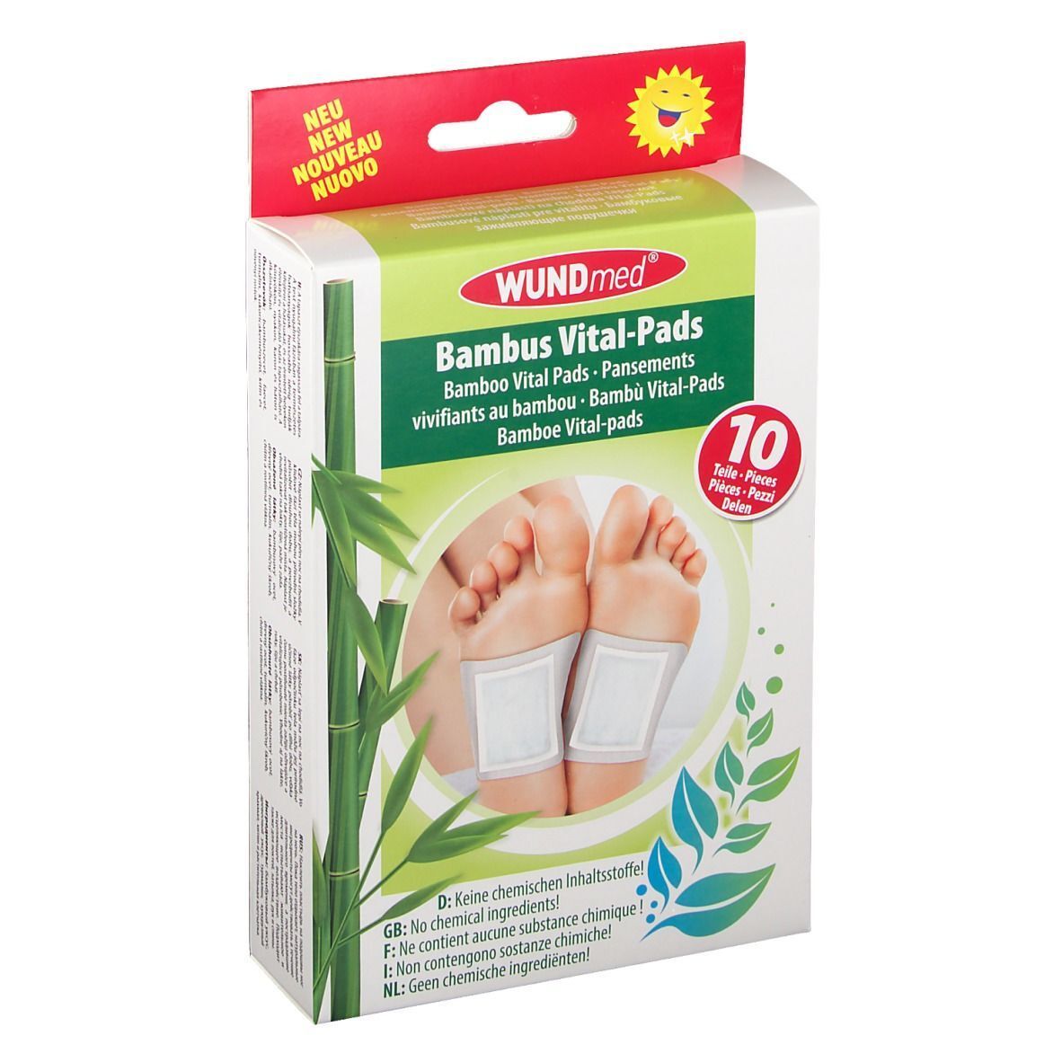 Verpackung von WUNDmed Bambus Vital-Pads. Zehn Pads. Aufschrift: Bambus Vital-Pads. Abbildung von Füßen mit Pads.