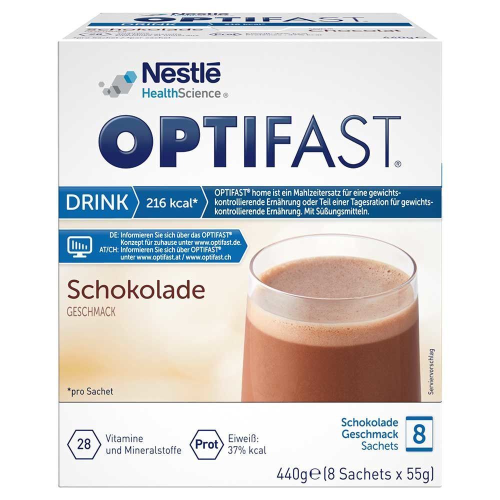 Boîte OPTIFAST Drink Schokolade. Contient 8 sachets. Inscriptions : Nestle HealthScience, 216 kcal, vitamines, minéraux, protéines.