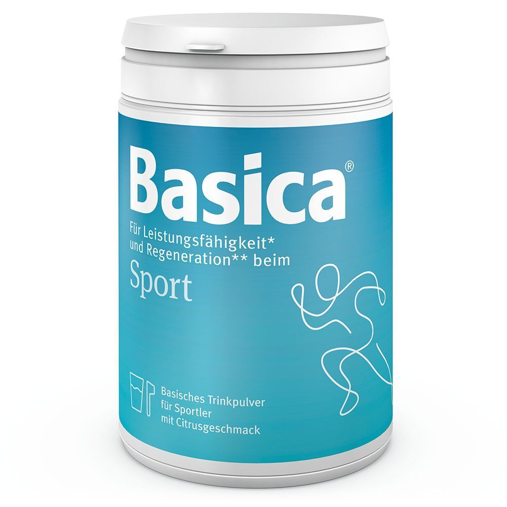 Zylinderförmige Dose mit weißem Deckel. Aufschrift "Basica Sport". Türkisfarbener Hintergrund mit weißer Sportler-Illustration.