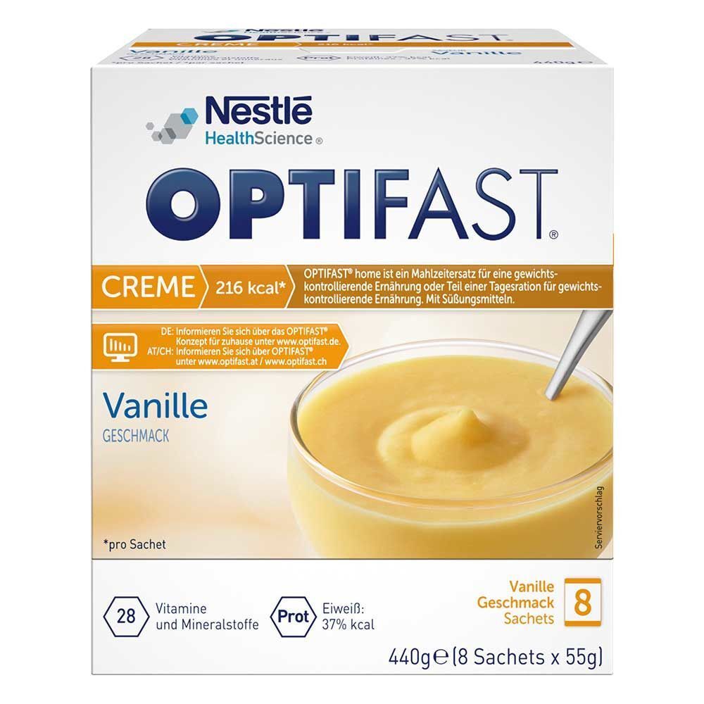 OPTIFAST Creme Vanille-Packung. Enthält 8 Sachets. Aufschrift: Nestle HealthScience, 216 kcal, Vanille Geschmack. Abgebildet ist ein Schälchen Creme.