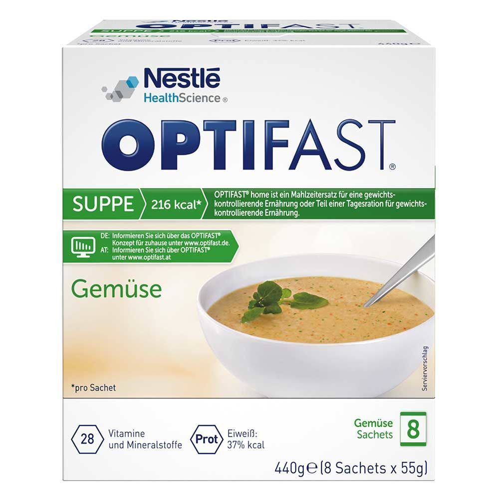 OPTIFAST Gemüsesuppe-Packung. Enthält 8 Beutel. Marke und Produktbezeichnung deutlich sichtbar. Nährwertangaben und Kalorienangabe auf der Verpackung.
