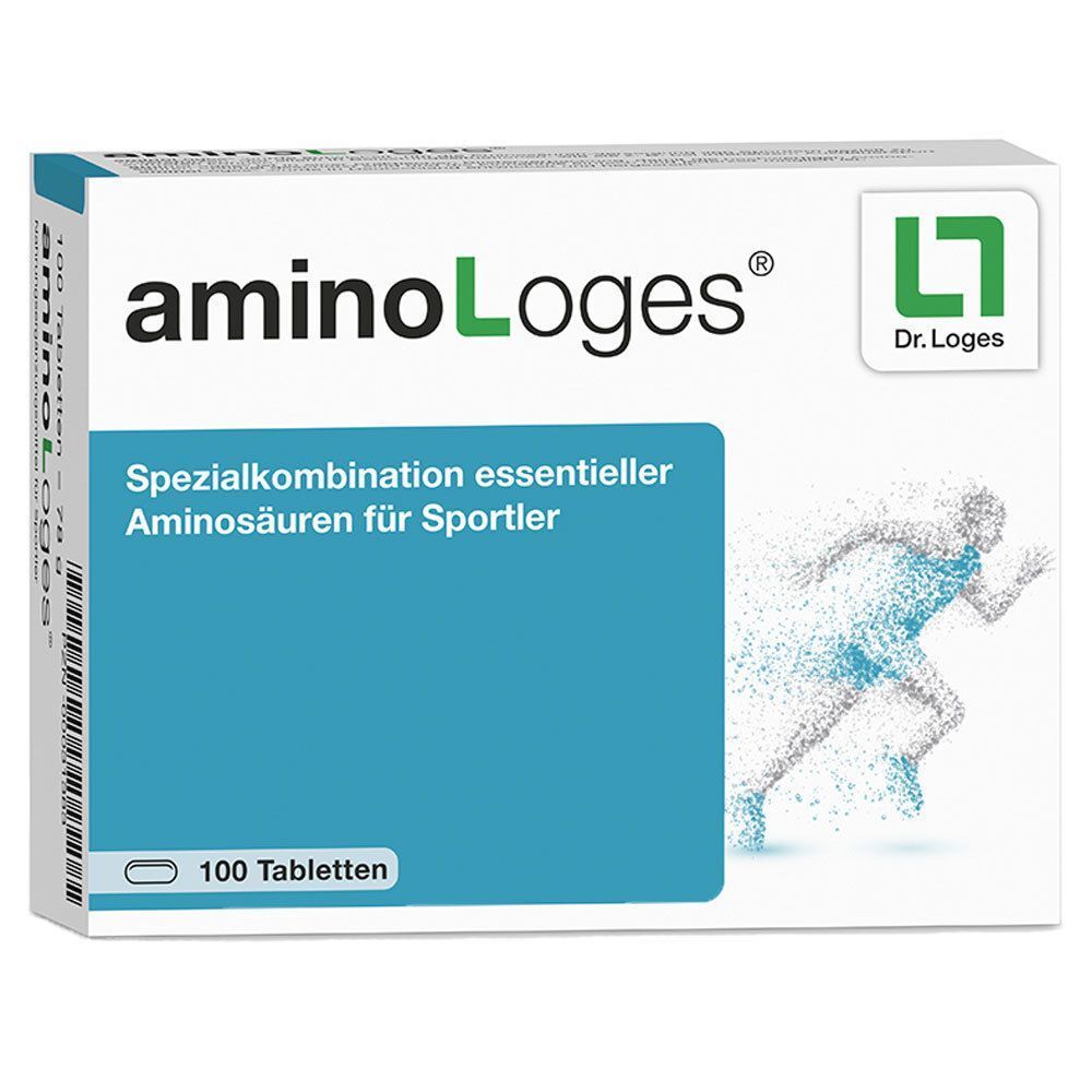 Schachtel mit "aminoLoges®". Blaue Fläche mit Text. Rechts Logo "Dr. Loges". Abbildung eines Läufers.