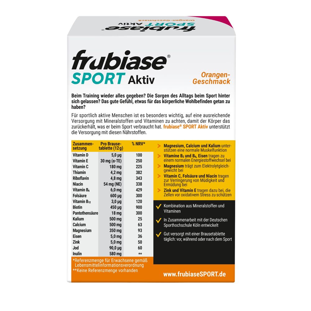 Rückseite der frubiase® SPORT Aktiv Packung. Enthält Nährwertangaben und Inhaltsstoffe. Text: Orangen-Geschmack, 20 Brausetabletten.