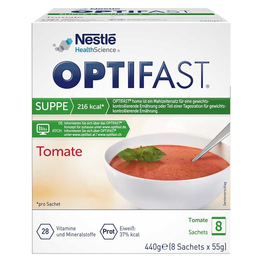 OPTIFAST® Suppe Tomate Packung. Enthält 8 Sachets. Aufschrift: 216 kcal, 28 Vitamine und Mineralstoffe, Eiweiß 37% kcal. Abgebildet: Tomatensuppe mit Basilikum.