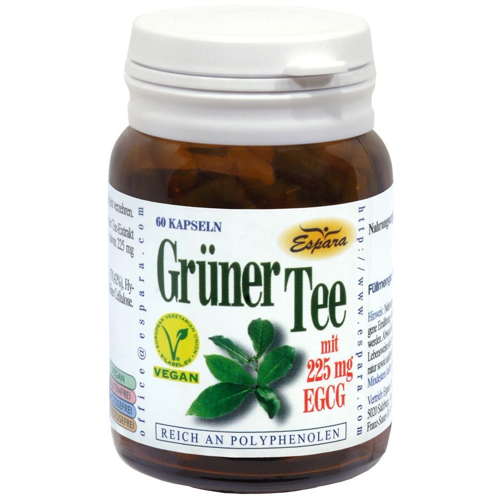 Braune Glasflasche mit weißem Deckel. Auf dem Etikett steht "Grüner Tee" und "Vegan". Enthält 60 Kapseln.