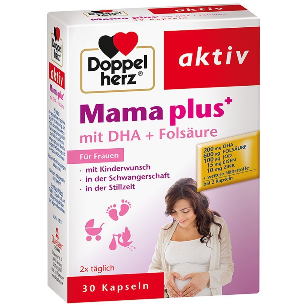 Boîte de Doppelherz aktiv Mama plus+ avec DHA + acide folique. Contient 30 gélules. Pour femmes, désir de grossesse, grossesse et allaitement.