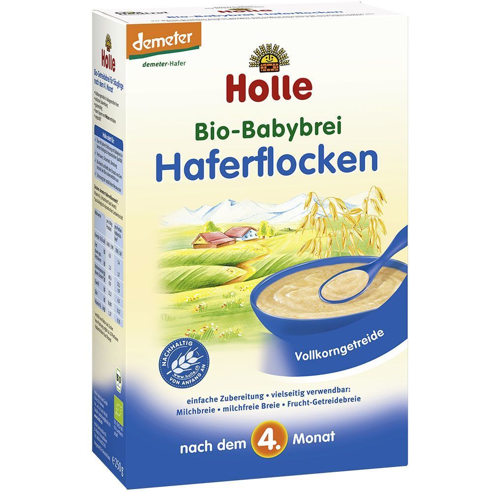 Boîte de Holle Bio-Babybrei Haferflocken. Texte: Bio-Babybrei, Haferflocken, Vollkorngtreide. Label Demeter.