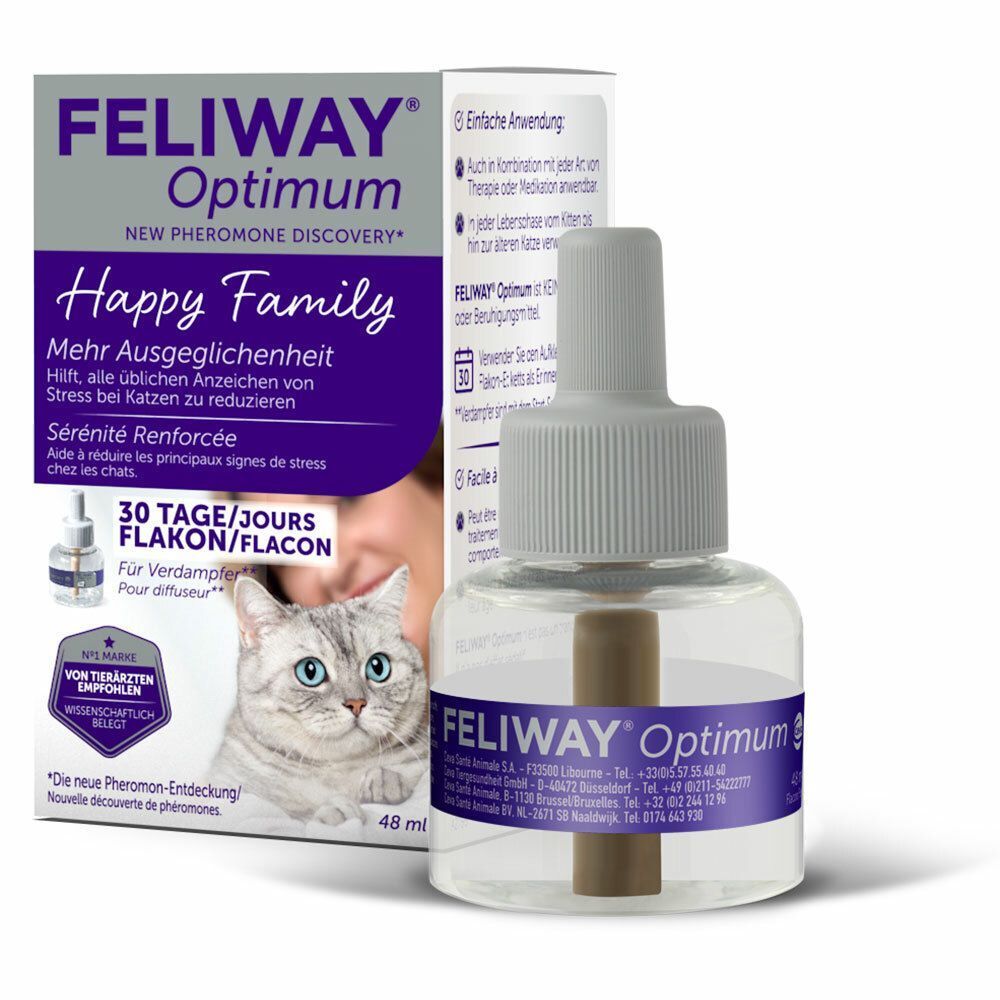 FELIWAY® Optimum Nachfüllflakon und Verpackung. Flakon mit 48 ml Inhalt. Verpackung mit Produktinformationen und Katze.