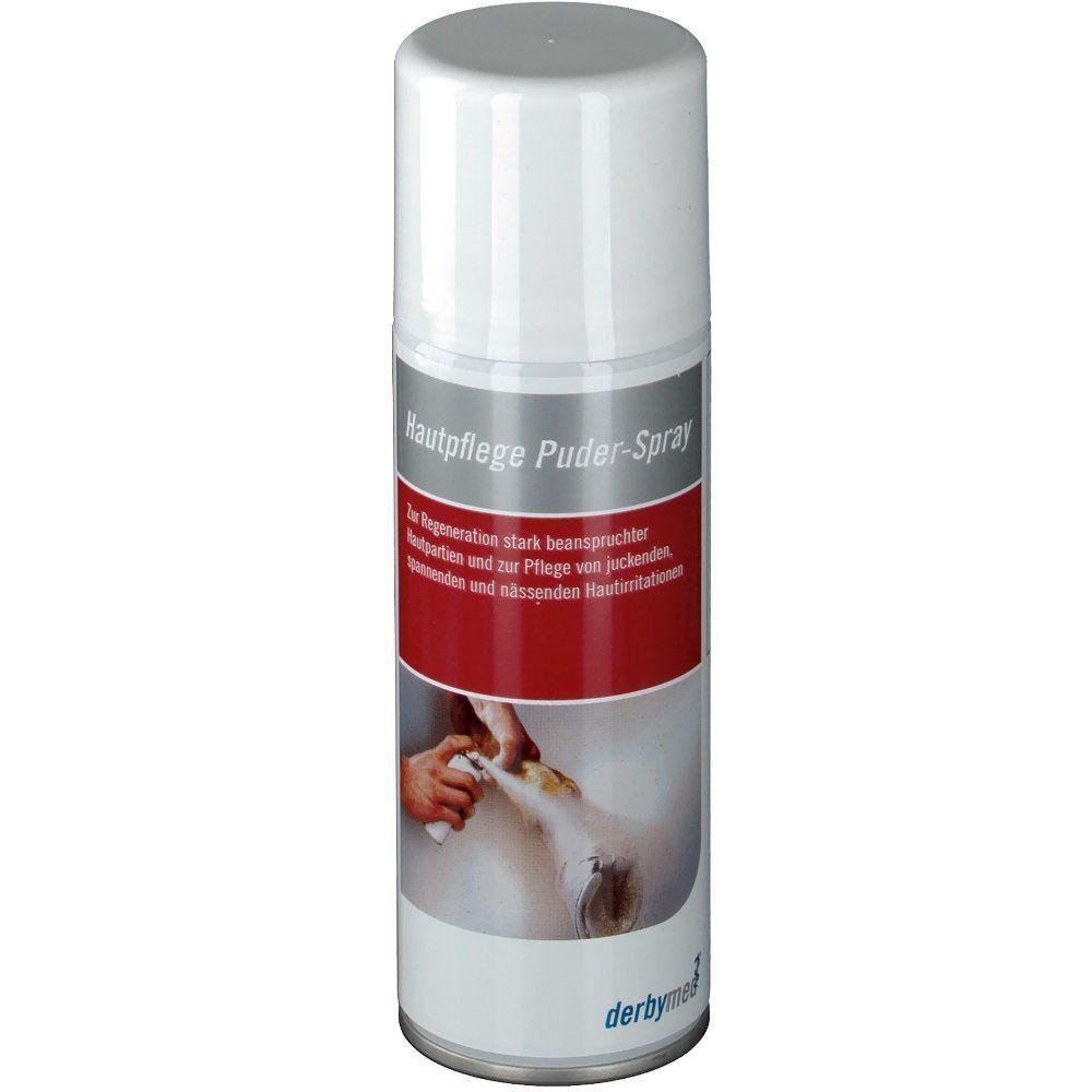 Hautpflege Puder-Spray-Dose. Weißer Deckel, silberner und roter Aufdruck. Marke: derbymed.