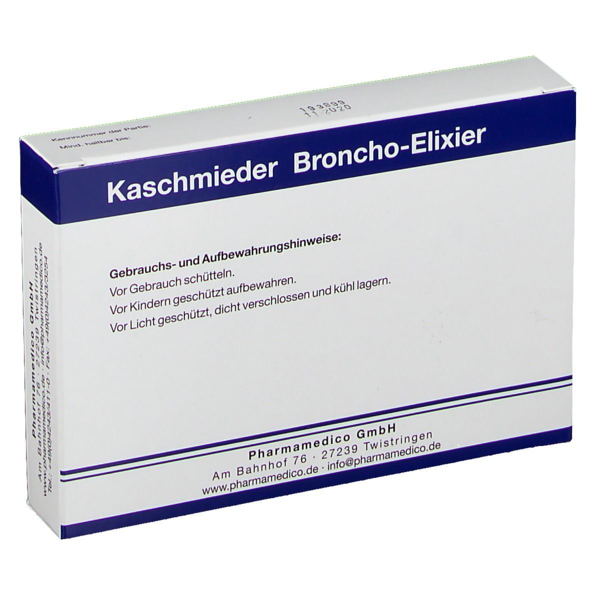 Weiße Produktverpackung mit blauer Schrift. Text: Kaschmieder Broncho-Elixier. Gebrauchshinweise. Firmenlogo und Kontaktinformationen.