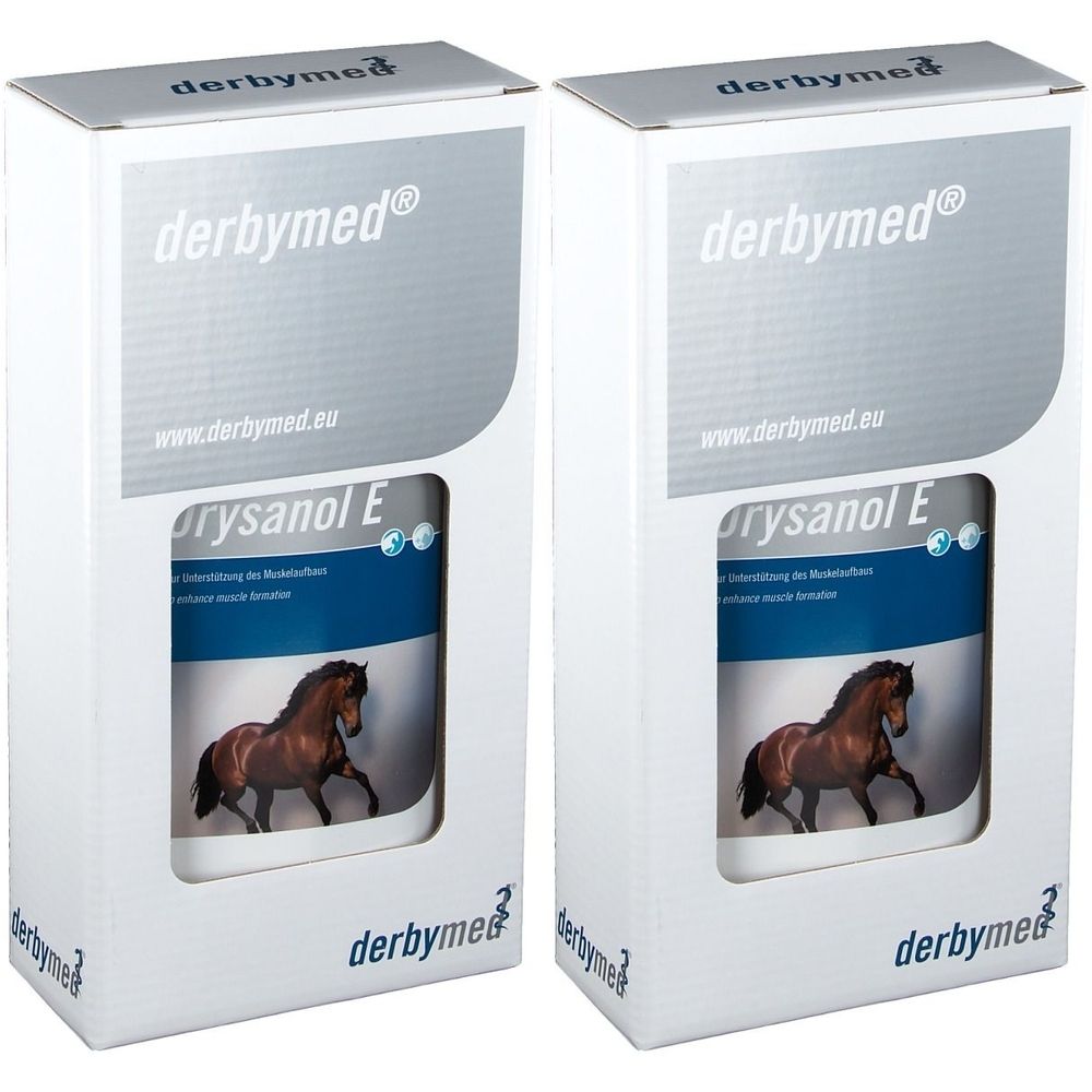 Deux boîtes de derbymed® Orysanol E. Boîtes blanches avec nom et logo du produit. Impression avec cheval.