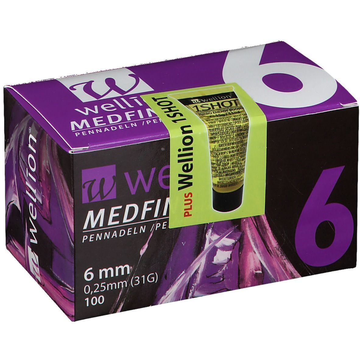 Verpackung von Wellion Medfine Plus Pennadeln. Aufdrucke: 6 mm, 0,25 mm (31G), 100. Mit grünem Aufkleber "1SHOT". Lila und schwarze Box.