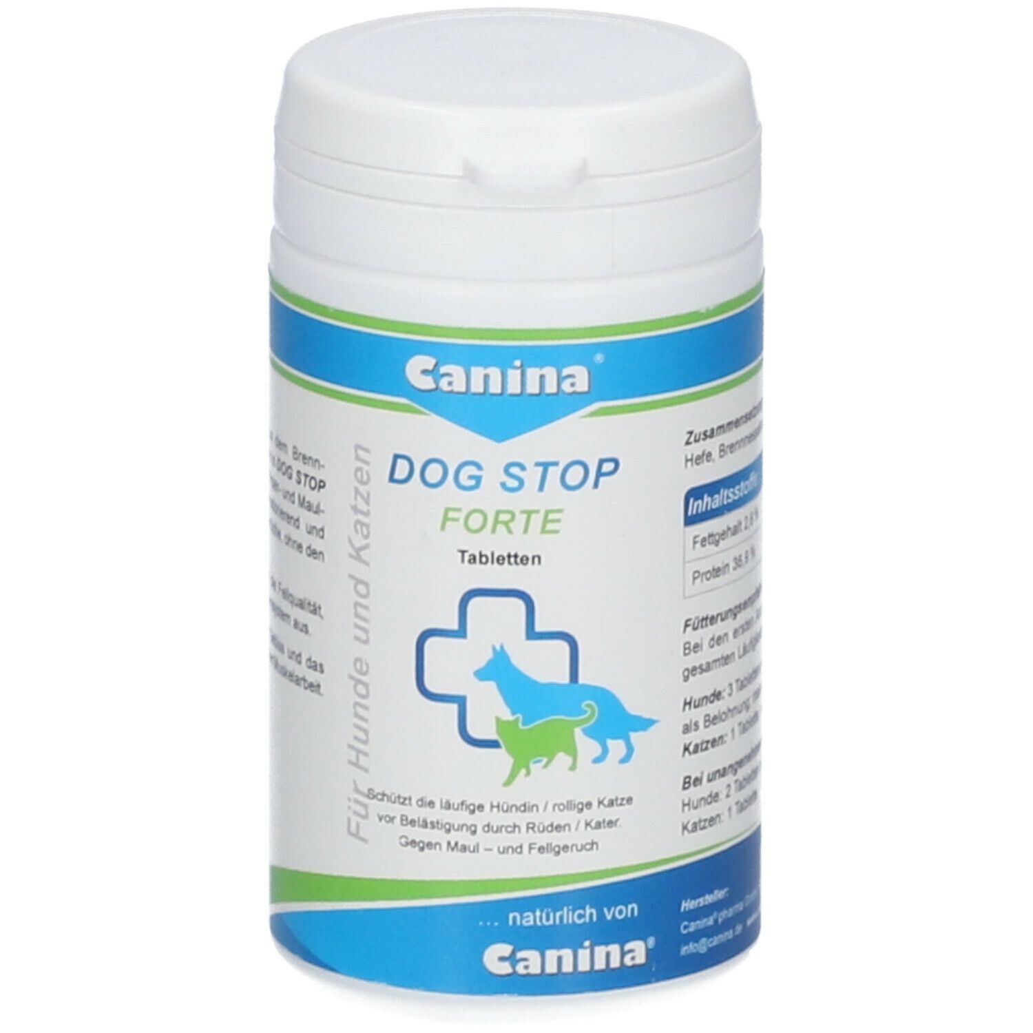 Flacon de comprimés blanc avec étiquette bleu-vert. Inscription: DOG STOP FORTE, Canina. Pour chiens et chats. Avec logo.