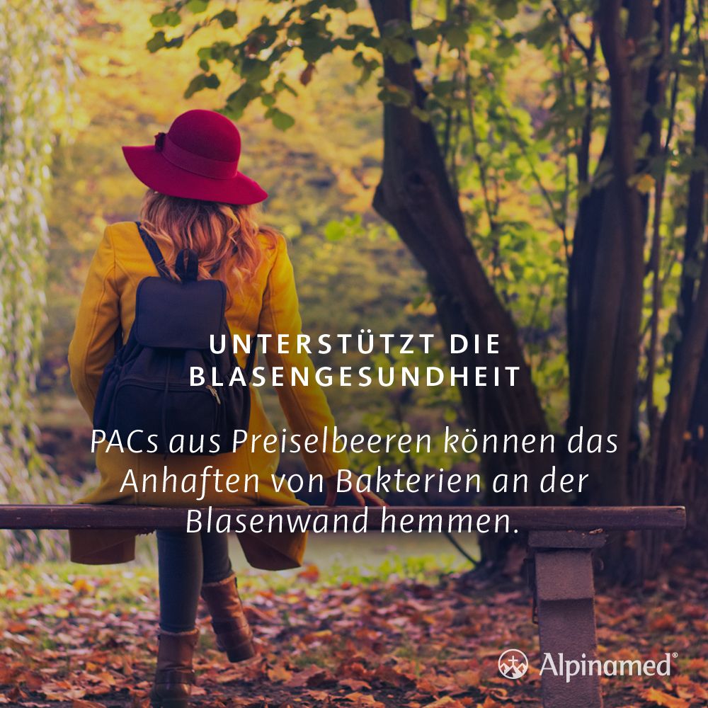 Frau sitzt auf einer Bank im Wald. Text: Unterstützt die Blasengesundheit. PACs aus Preiselbeeren können das Anhaften von Bakterien hemmen.