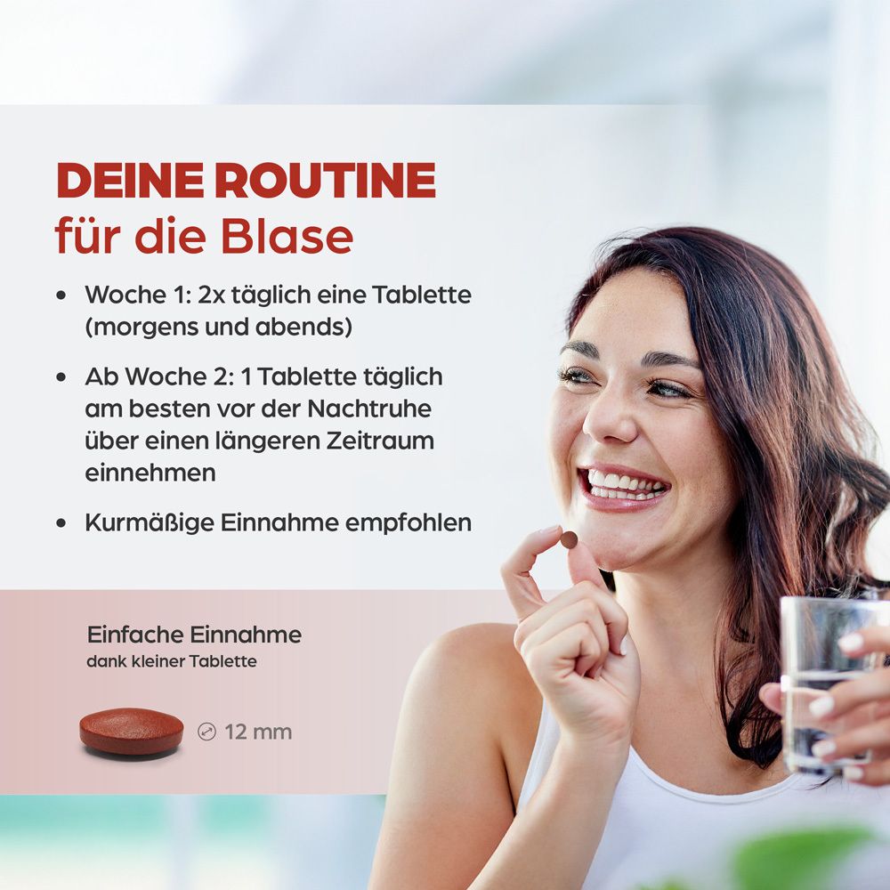 Femme prenant un comprimé. Texte: Votre routine pour la vessie. Prise: 1 comprimé matin et soir, puis 1 comprimé par jour. Comprimé: 12 mm.