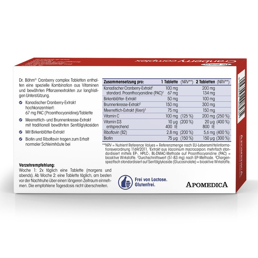 Dos de l'emballage Dr. Böhm® Cranberry complex. Ingrédients: Extrait de canneberge, extrait de feuilles de bouleau, extrait de cresson, vitamine C, D3, B2, biotine.
