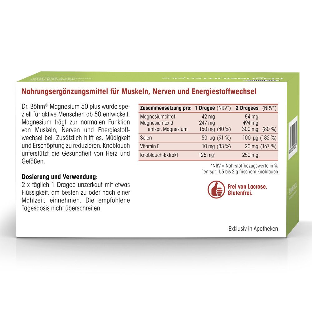 Dos de la boîte Dr. Böhm® Magnesium 50 plus. Liste des ingrédients et valeurs nutritionnelles par comprimé et par 2 comprimés.