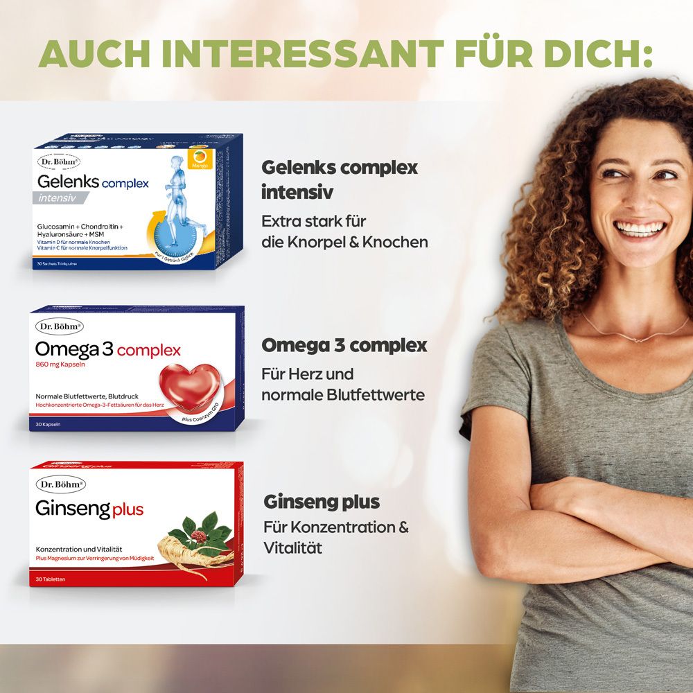 Femme souriante. Produits : Gelenks complex intensiv, Omega 3 complex, Ginseng plus. Inscription : Dr. Böhm®.
