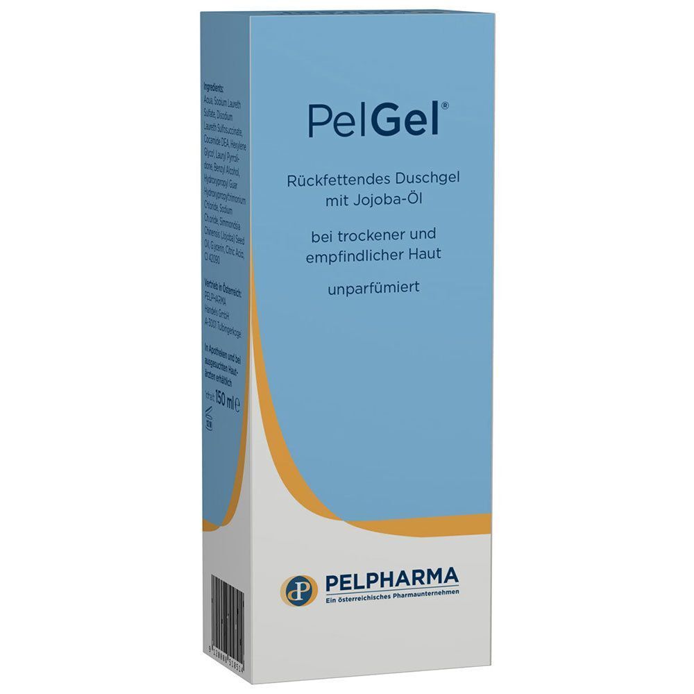 Emballage bleu et blanc de PelGel. Inscription : Gel douche relipidant à l'huile de jojoba, pour peaux sèches et sensibles, non parfumé. Logo Pelpharma.