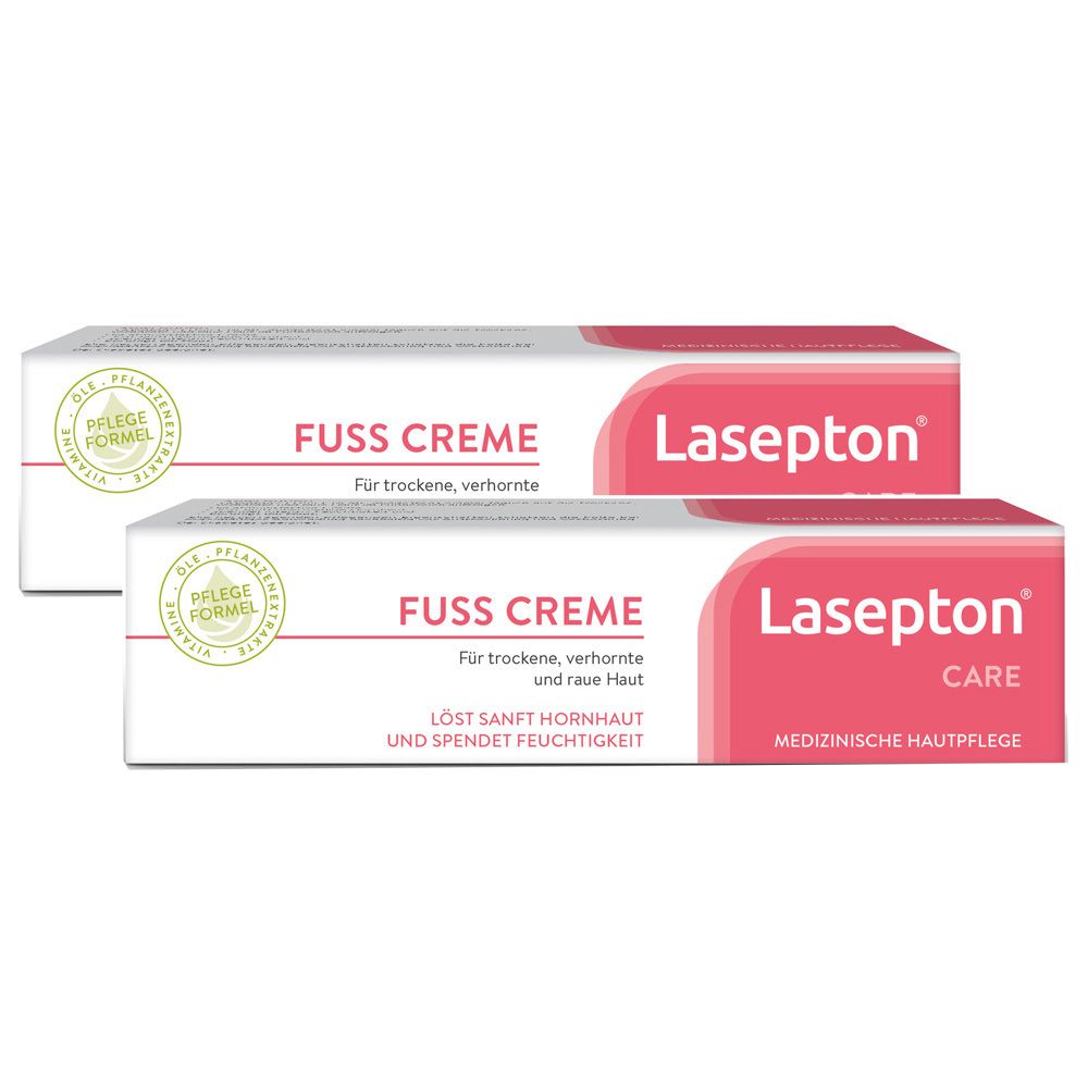 Deux tubes de Lasepton® FUSS CREME. Emballage blanc avec texte rouge. Nom du produit et logo visibles.