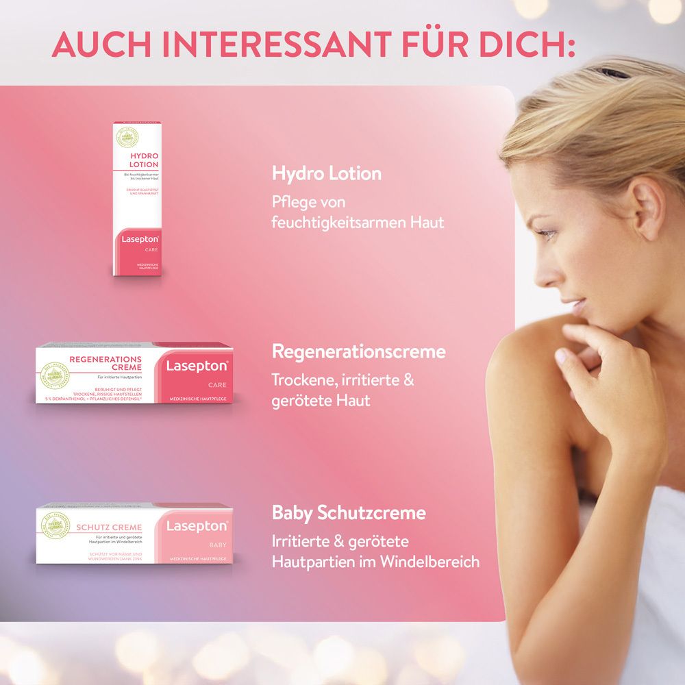 Trois produits Lasepton®: Hydro Lotion, Crème Régénérante, Crème Protectrice Bébé. Femme en arrière-plan.
