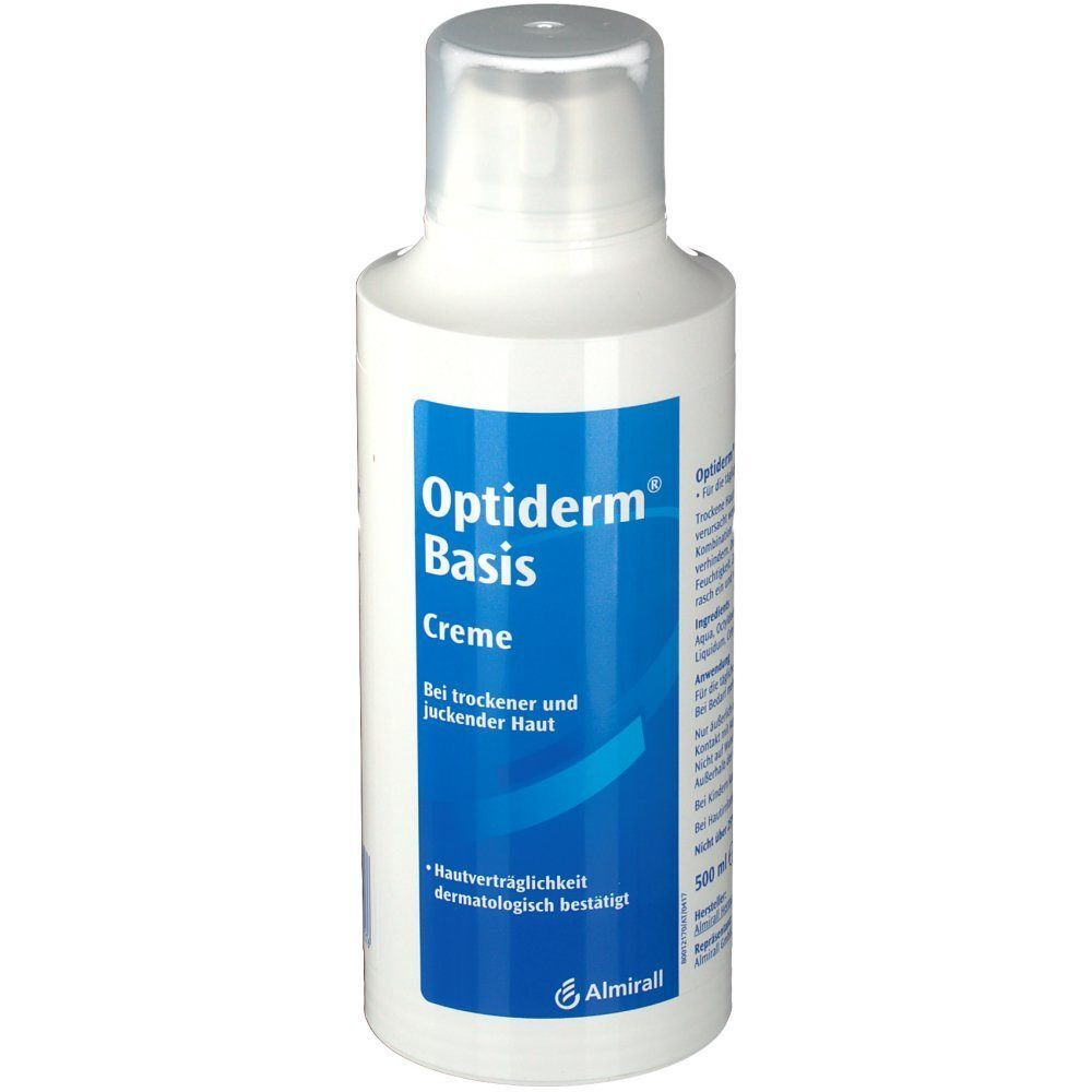 Weiße Flasche mit blauem Etikett. Aufschrift: Optiderm Basis Creme. Für trockene, juckende Haut. Dermatologisch getestet.