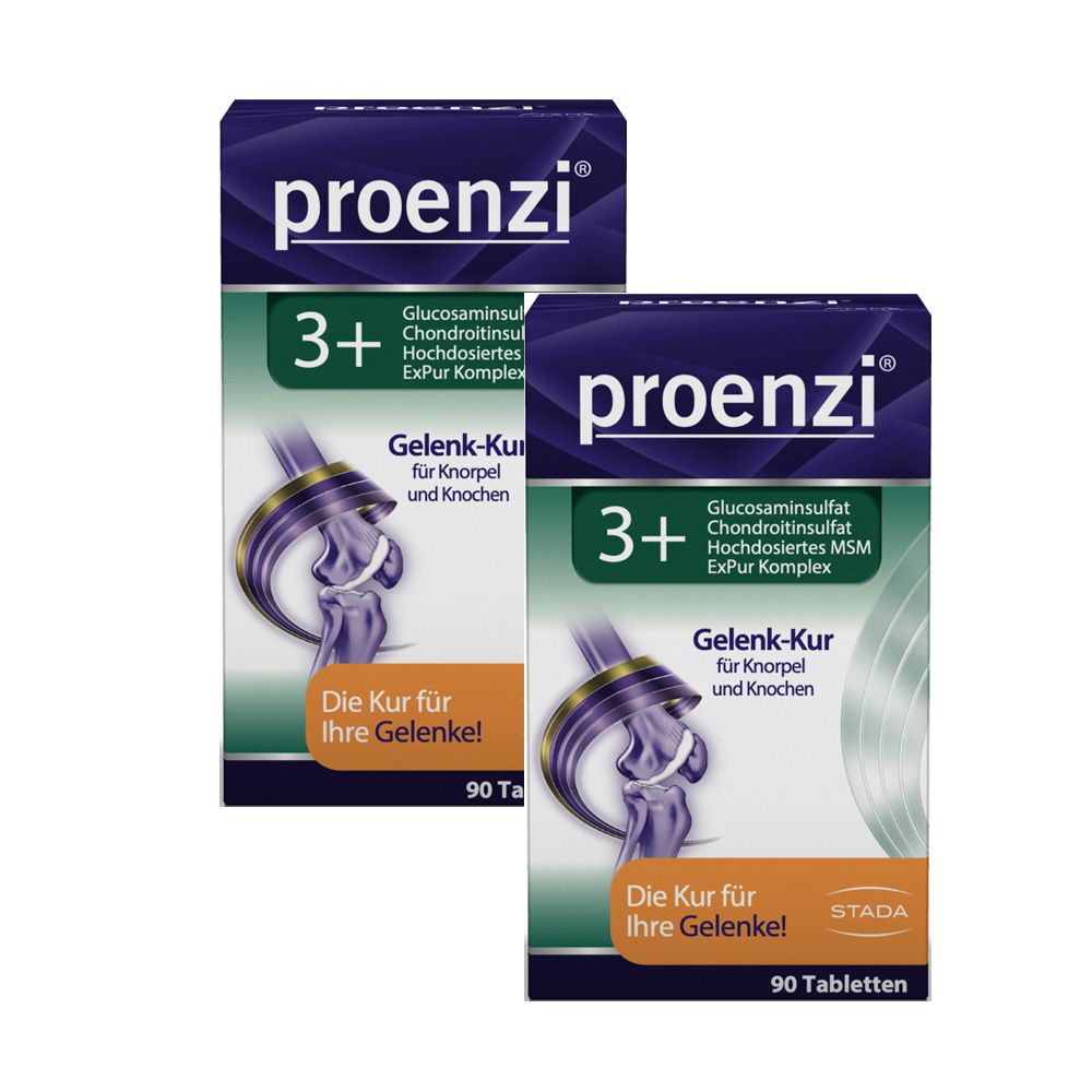 Zwei Schachteln Proenzi 3+ Gelenk-Kur Tabletten. Aufdruck: Glucosaminsulfat, Chondroitinsulfat, MSM, ExPur Komplex. 90 Tabletten.