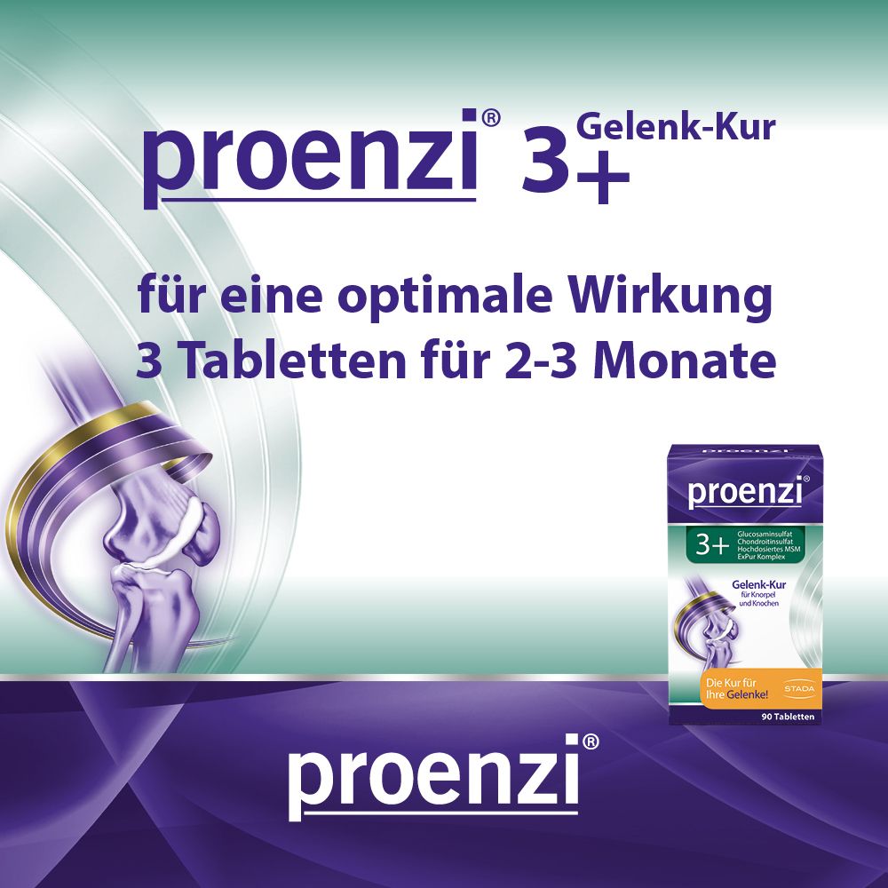 Proenzi 3+ Gelenk-Kur Tabletten-Packung. Text: für eine optimale Wirkung 3 Tabletten für 2-3 Monate. 90 Tabletten.